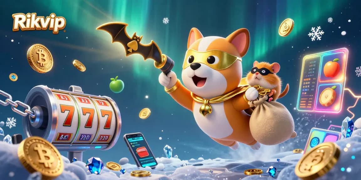 Engage with Rikvip's thrilling casino atmosphere featuring a cartoon superhero dog and hamster amidst vibrant slot machines and crypto coins.