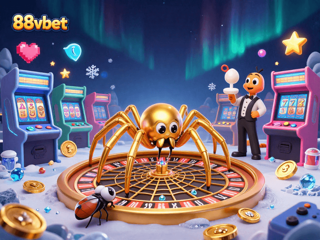 Engage with 88vbet's dynamic casino scene featuring a golden spider and fun gaming elements.
