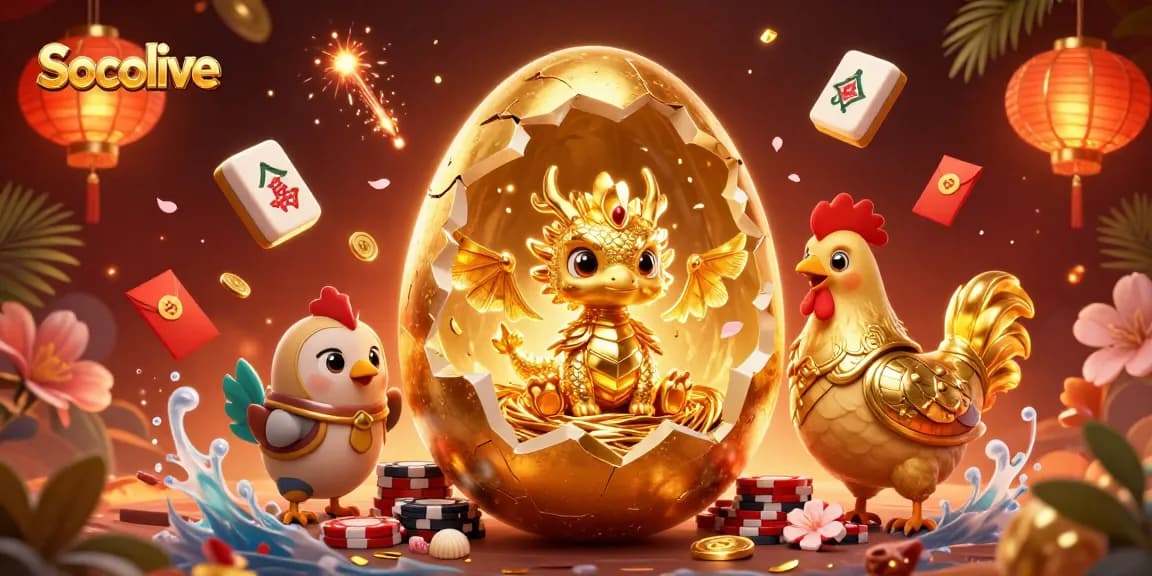 Socolive presents a stunning illustration showcasing a golden egg cracking open to reveal a baby dragon amidst poker chips.