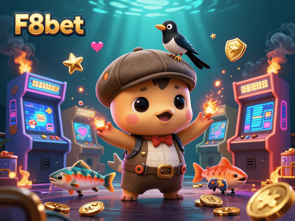 Experience dynamic gameplay at F8bet with playful characters in a vibrant casino setting.