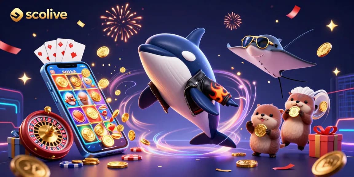 Socolive showcases a vibrant underwater casino scene with an orca whale and stingray, celebrating with golden coins.