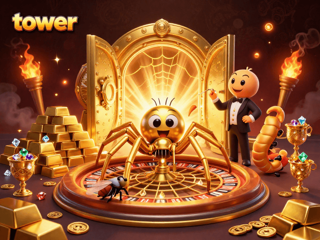 A thrilling tower game scene featuring a golden spider and a centipede croupier in a vibrant casino atmosphere.