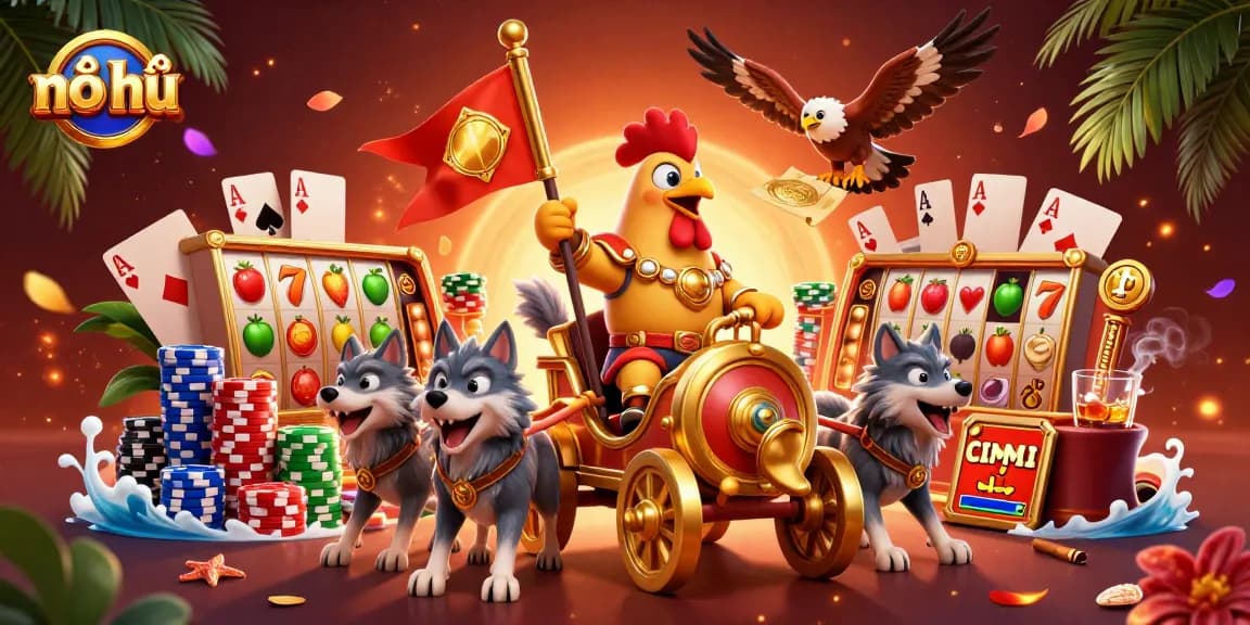 Engage in nổ hũ excitement with a vibrant 3D scene showcasing a rooster warlord amidst colorful casino elements.