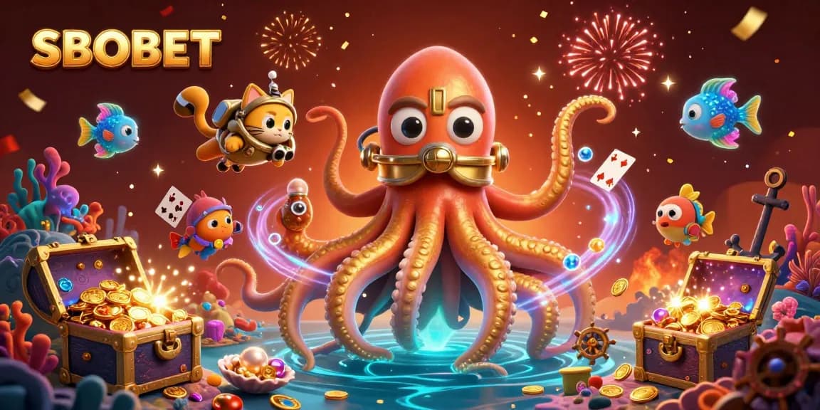 SBOBET offers an exciting casino adventure with a kraken and deep-sea characters among treasures.