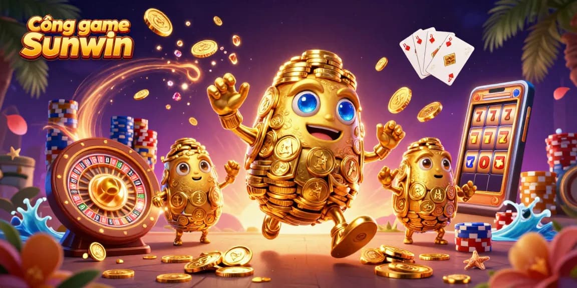 Experience Cổng game Sunwin with 3D animated gold golem and vibrant casino elements.