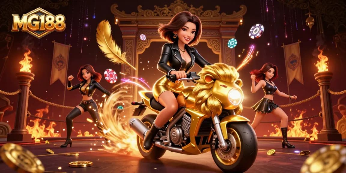 Experience thrilling gaming action with MG188, featuring a glamorous character riding a golden lion amidst vibrant casino elements.