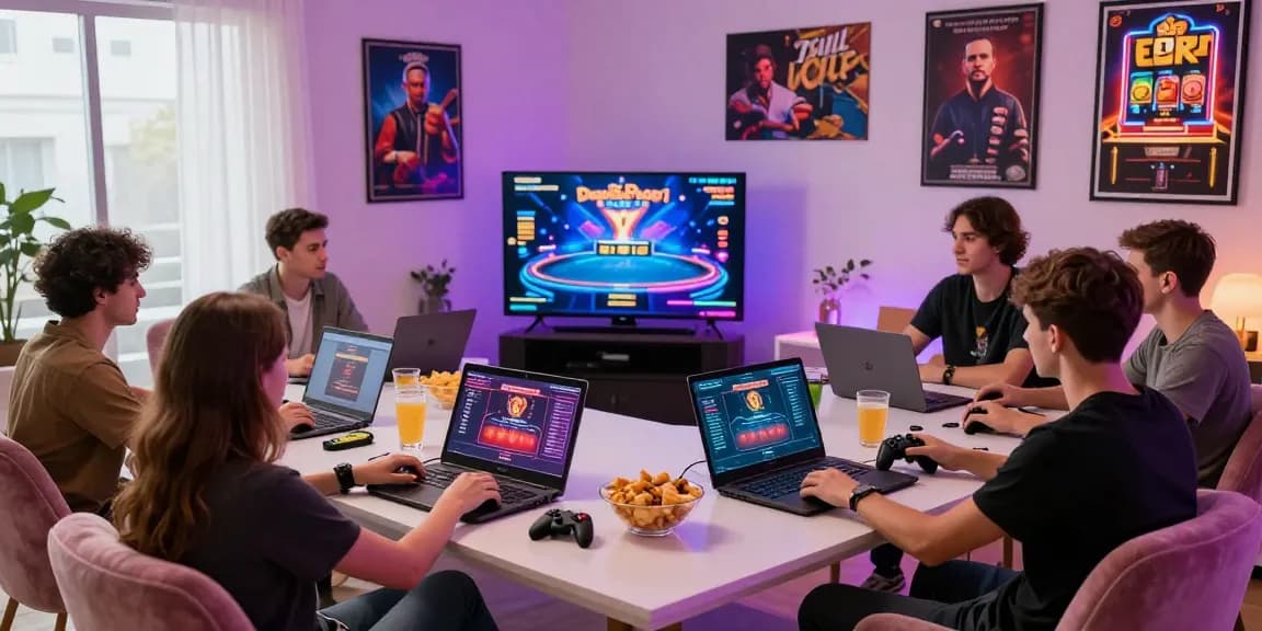 Dewapoker online gaming scene with friends enjoying poker and snacks.