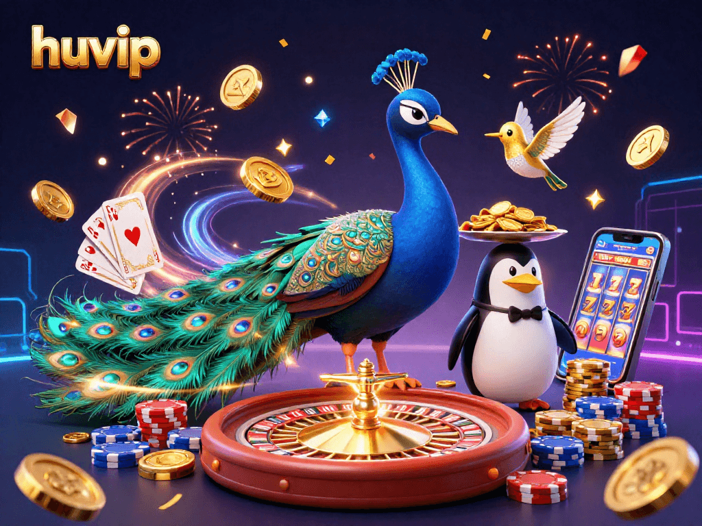 Experience the vibrant excitement of huvip with a grand casino scene showcasing colorful characters and dynamic game elements.