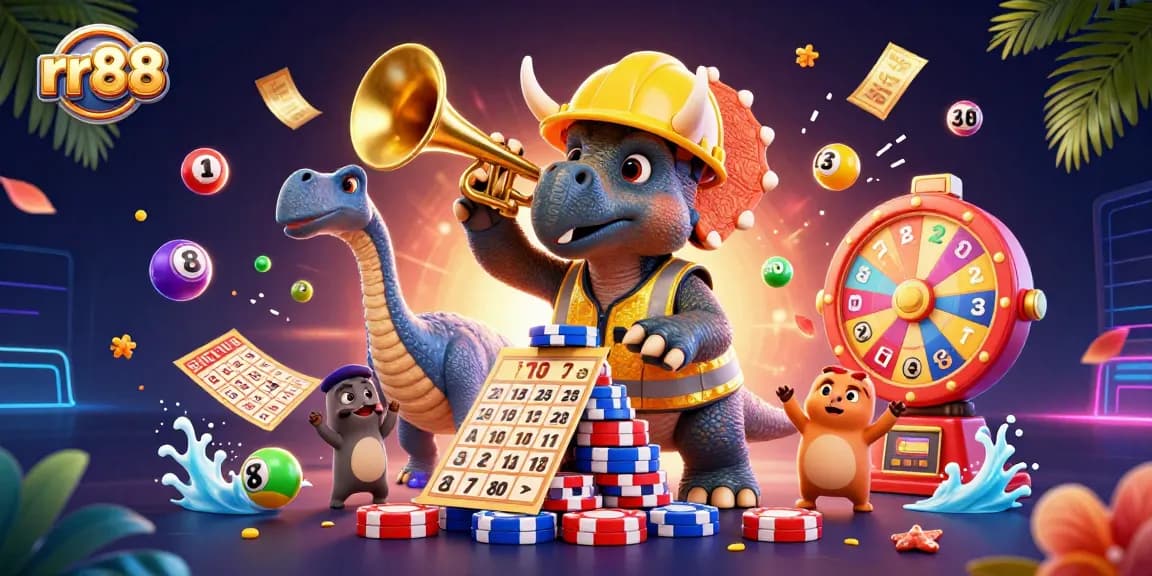 Experience the excitement of rr88 as triceratops builds poker chip pyramid amidst vibrant casino elements.