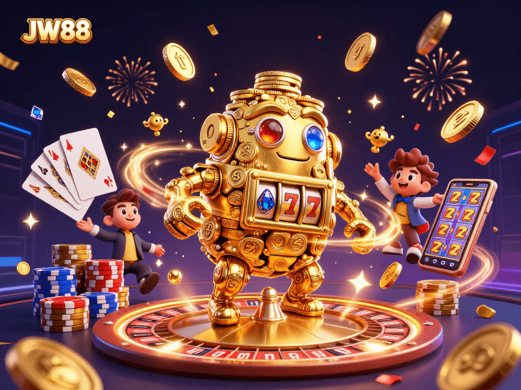 Experience thrilling gaming at JW88 with a vibrant 3D scene featuring golden golems and casino elements.