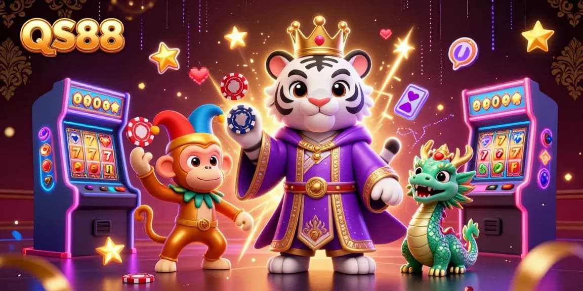 Spin the reels and win big at QS88 with a vibrant 3D illustration of casino fun!