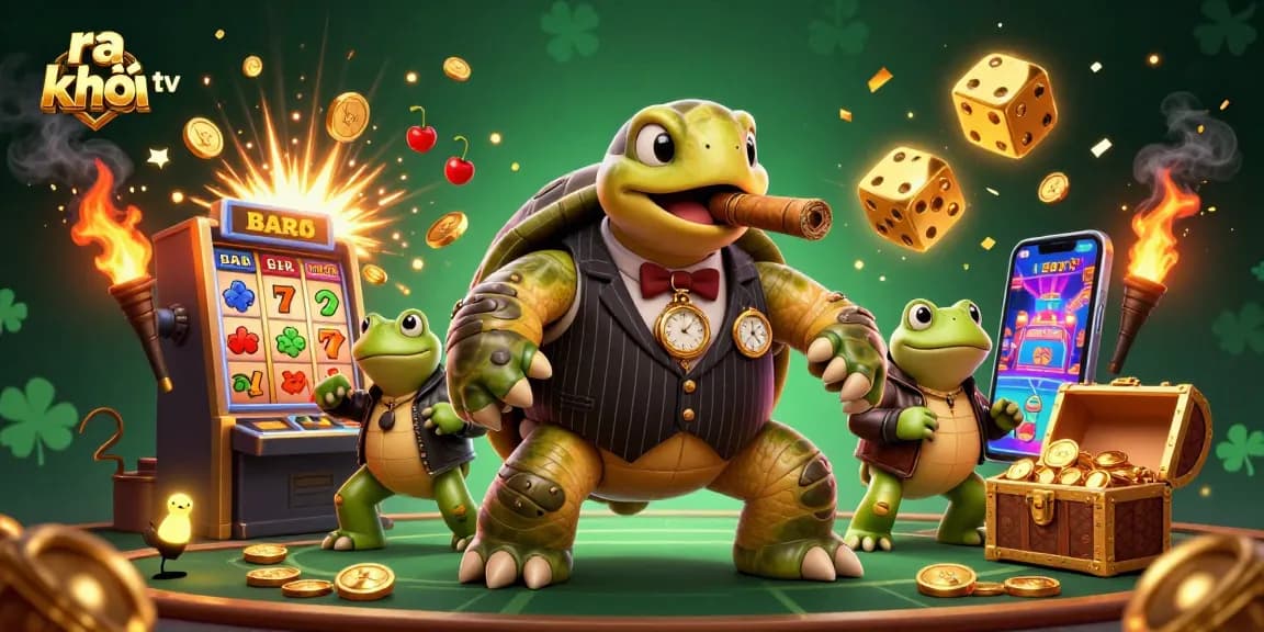 Experience ra khơi tv's vibrant online casino world with lucky symbols, dazzling lights, and lively characters.
