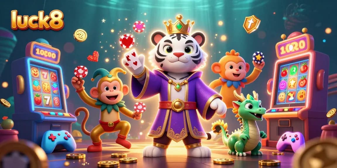 Experience the thrill of luck8 with vibrant game elements as a tiger, monkey, and dragon cavort in a dazzling casino scene.