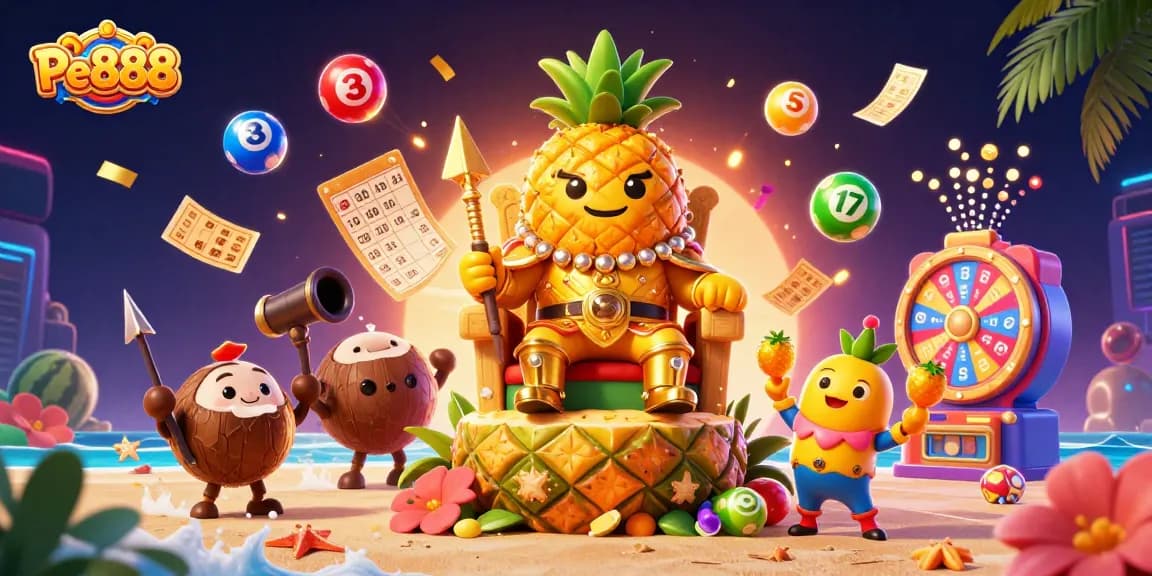 Engage with Pe888 at the beach casino featuring the golden pineapple king and dynamic lottery action.