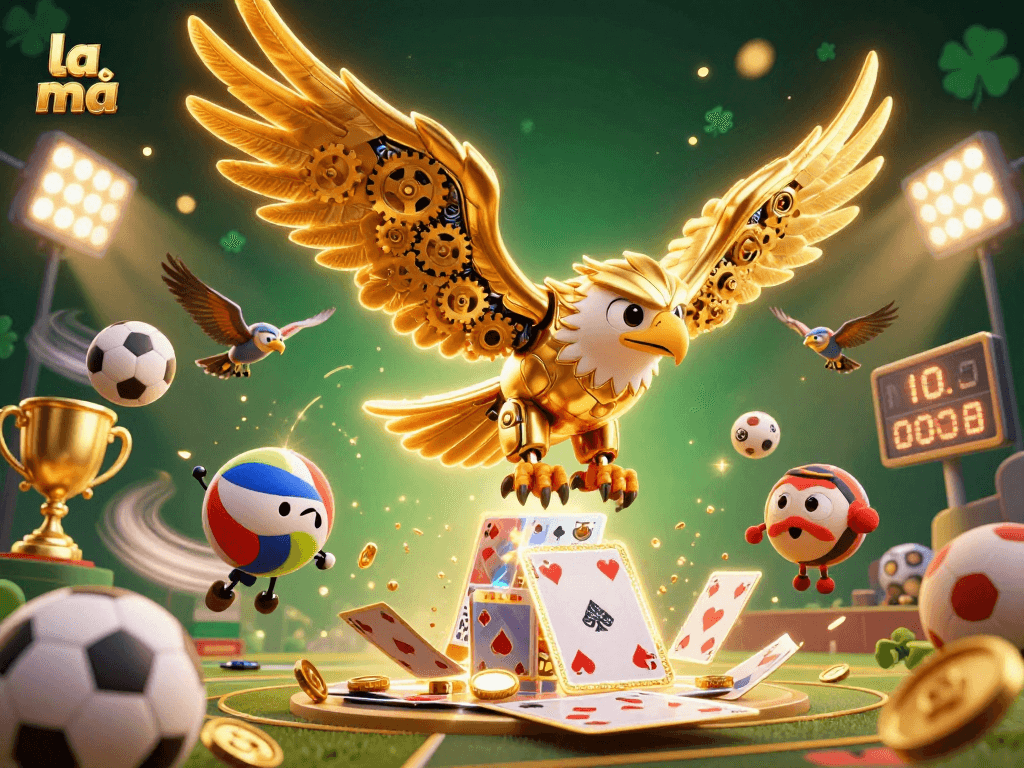Experience la mã's thrilling action with a golden eagle character diving through holographic cards amidst casino excitement.