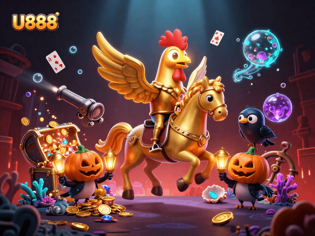 Experience thrilling games at U888 with a vibrant 3D digital illustration of a golden rooster and friends in a casino.