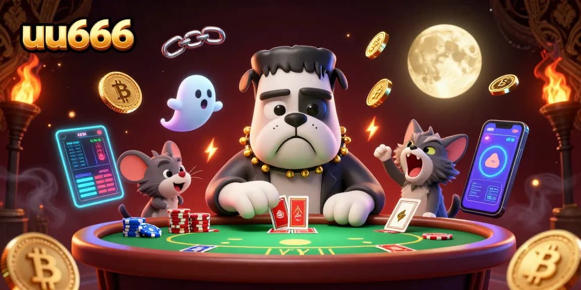 uu666: Engage with thrilling poker action featuring a Frankenstein bulldog and ghostly elements.