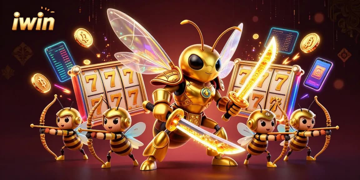 Experience exciting iwin casino gameplay with giant hornet samurai and vibrant neon elements.