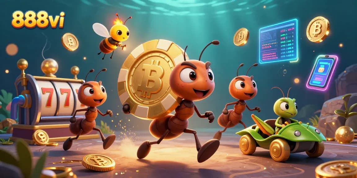 Experience the thrilling world of 888vi as playful ants steal a giant poker chip in an exciting casino heist.