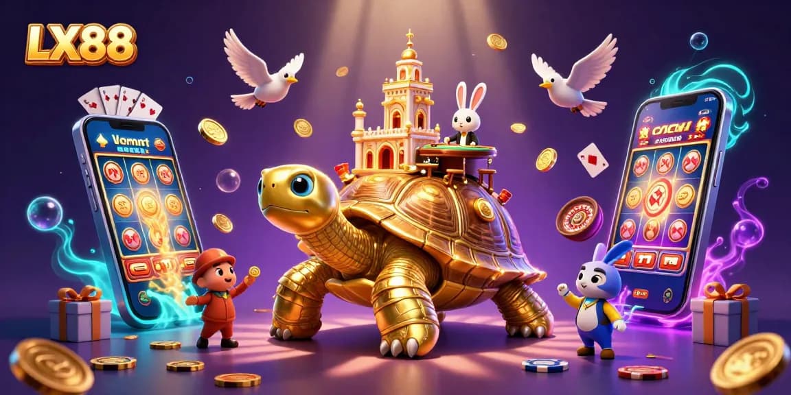 Experience thrilling gameplay at LX88 with a vibrant 3D casino illustration showcasing exciting games.