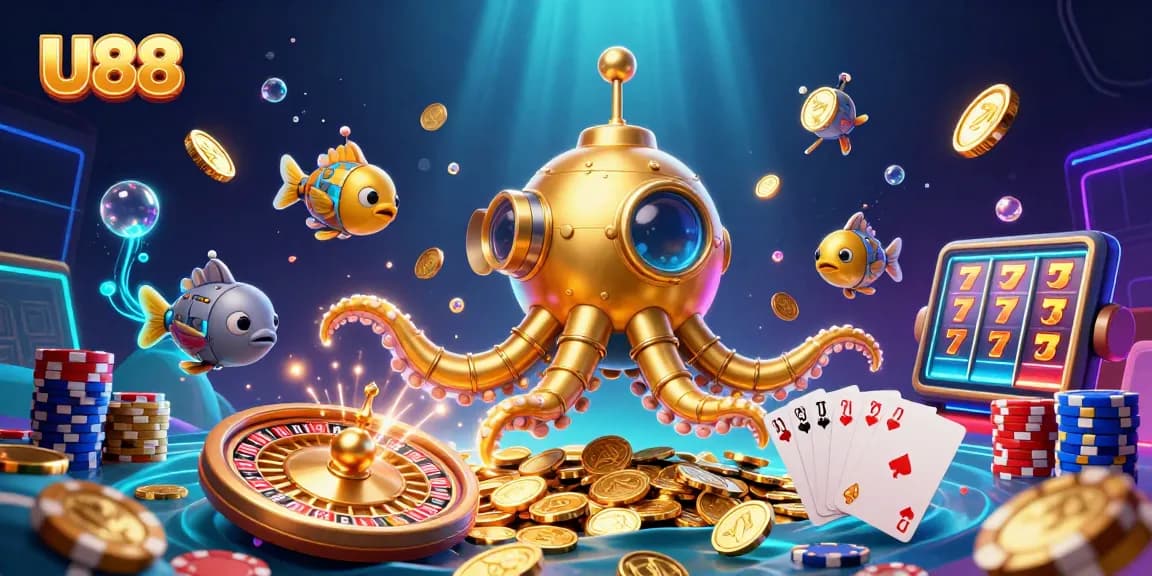 U88 gaming experience with a golden kraken submarine surfacing through coins and vibrant casino elements.