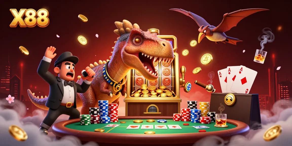 X88 slots come alive as a pachycephalosaurus wins jackpots and coins fly at a vibrant casino scene.