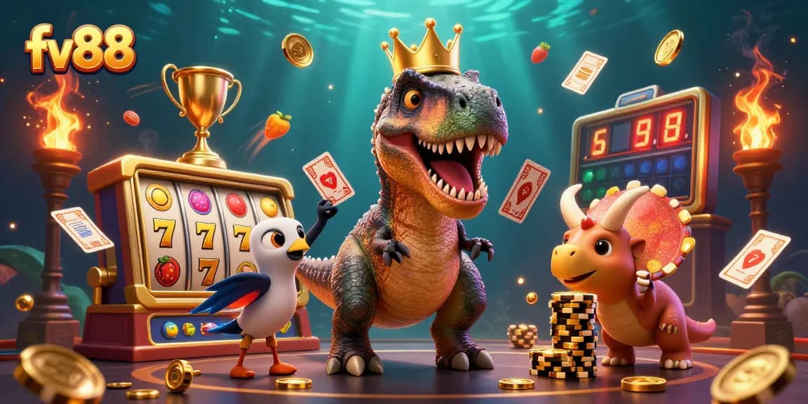 fv88 features a T-Rex shuffling cards with a pterodactyl and triceratops in a vibrant casino setting.