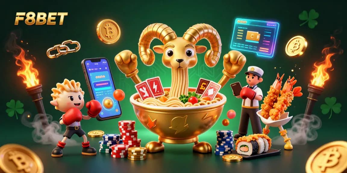 Engage with the vibrant world of F8BET featuring a golden ramen bowl dealing cards amidst dynamic casino elements.