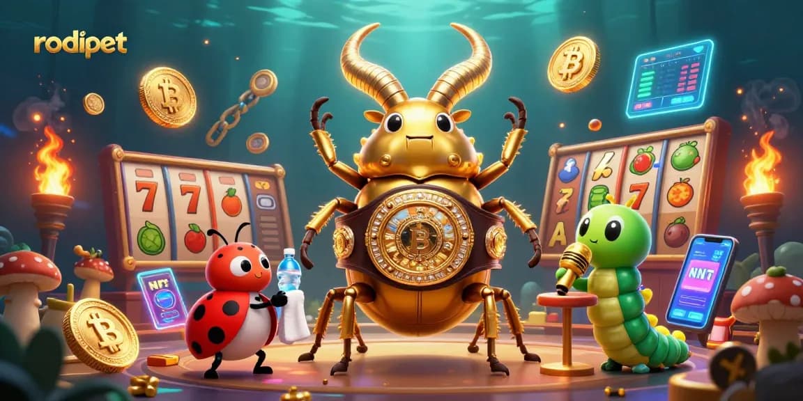 Engage in thrilling slots action with rodipet's golden beetle champion amid vibrant gaming elements.