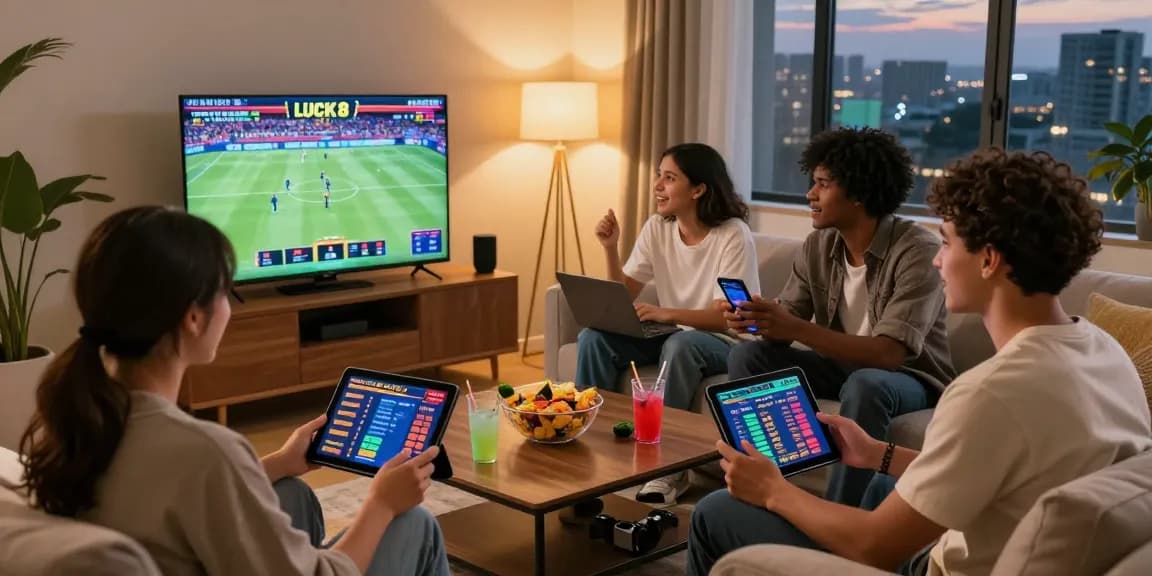 Friends enjoying a dynamic online gambling experience with LUCK8 on multiple devices in a cozy living room.