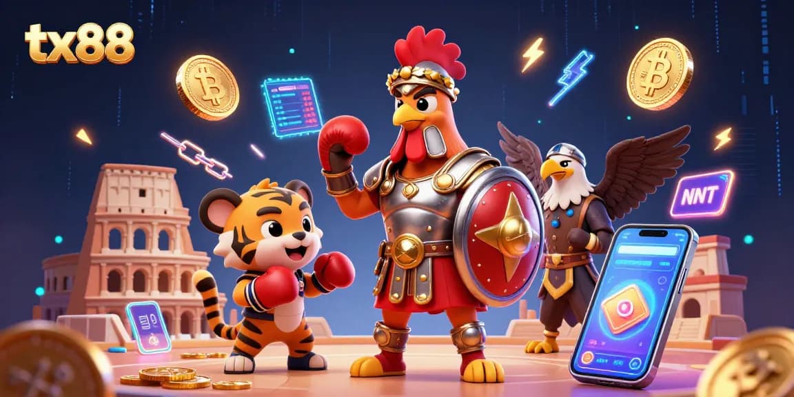 Engage with tx88 casino excitement featuring a gladiator rooster and crypto elements in action.