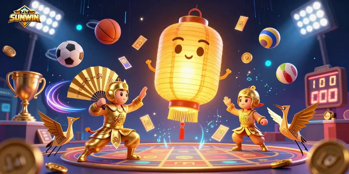 SUNWIN captures excitement as a golden lantern spirit illuminates the casino scene surrounded by animated sports and luxury elements.