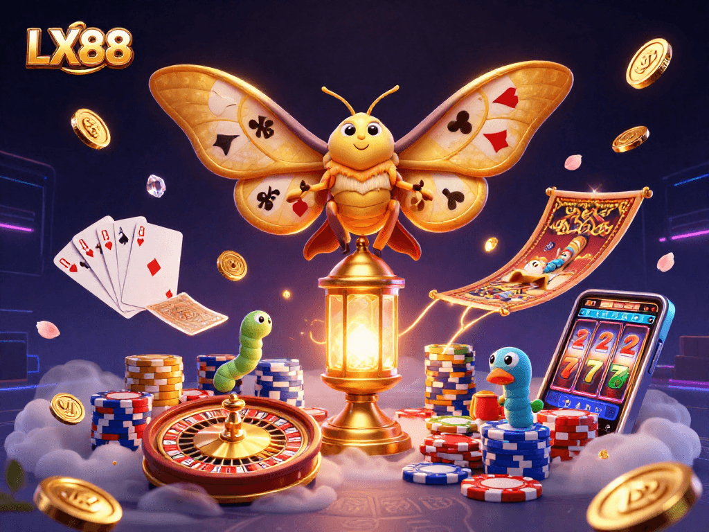 Experience immersive gaming with LX88 in this vibrant 3D casino scene featuring a moth, cards, and golden coins.