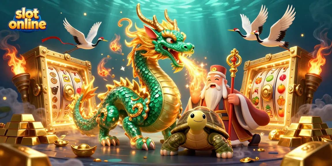 Experience thrilling slot online adventures with vibrant 3D dragon and turtle amidst stunning treasure.