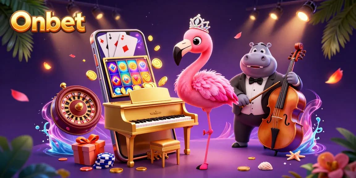 Experience Onbet’s vibrant gambling scene with dynamic characters, spinning slot games, and casino excitement.
