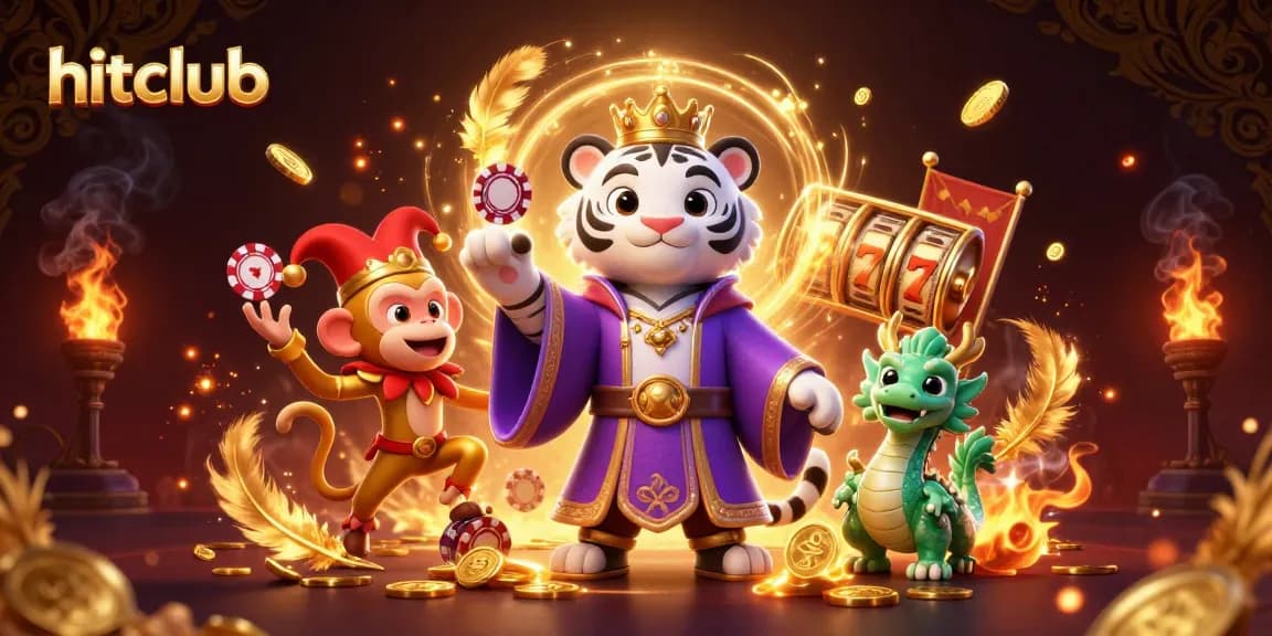 Experience hitclub's thrilling slots with an elegant tiger and playful monkey in a vibrant casino scene.