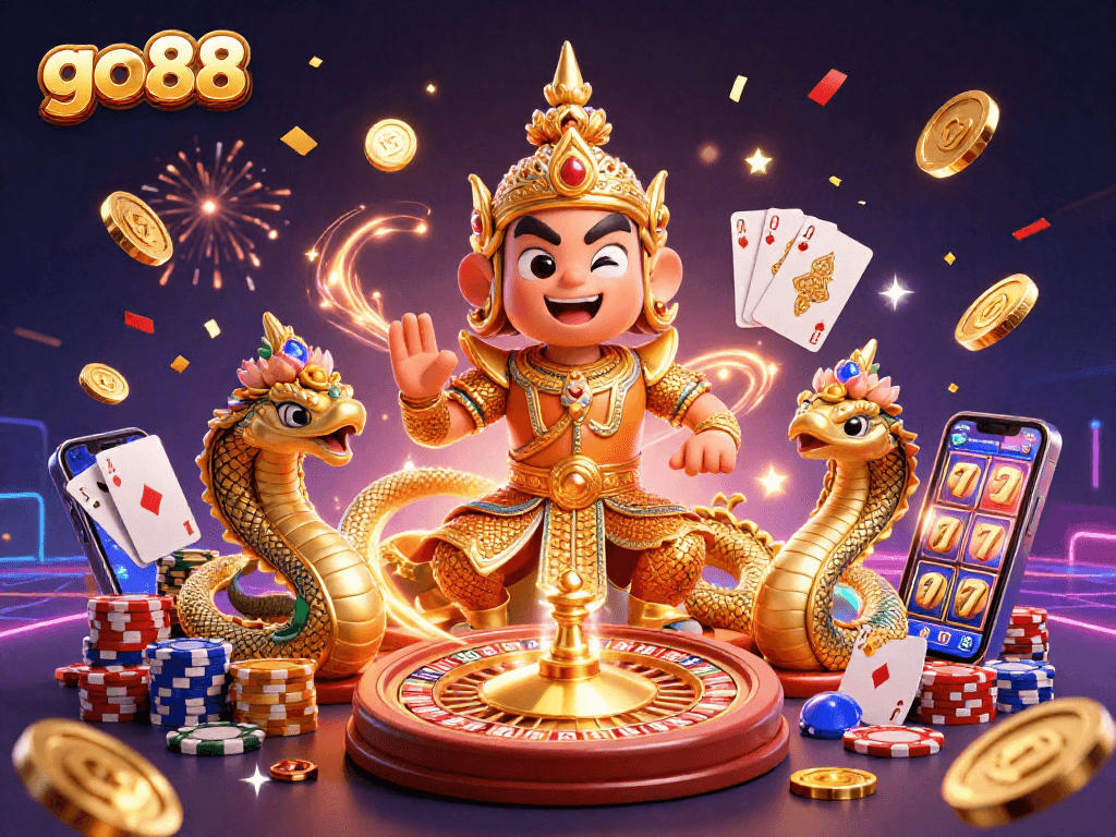 Experience the excitement of go88 with a vibrant 3D illustration of casino characters and games