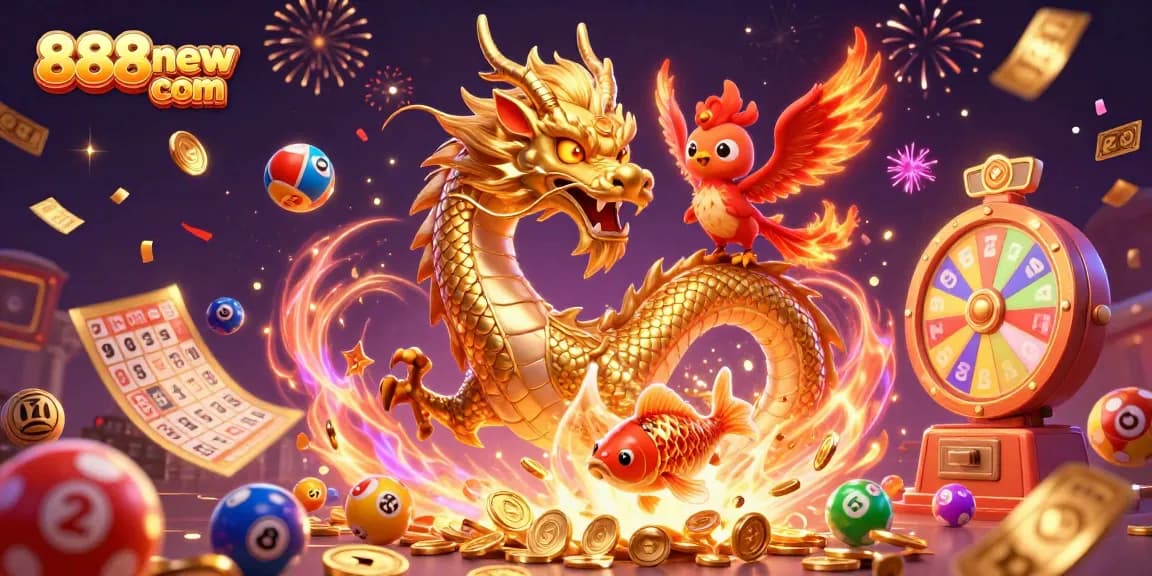 Engage with the vibrant world of 888new com, showcasing a golden dragon, phoenix, and koi amidst festive casino elements.