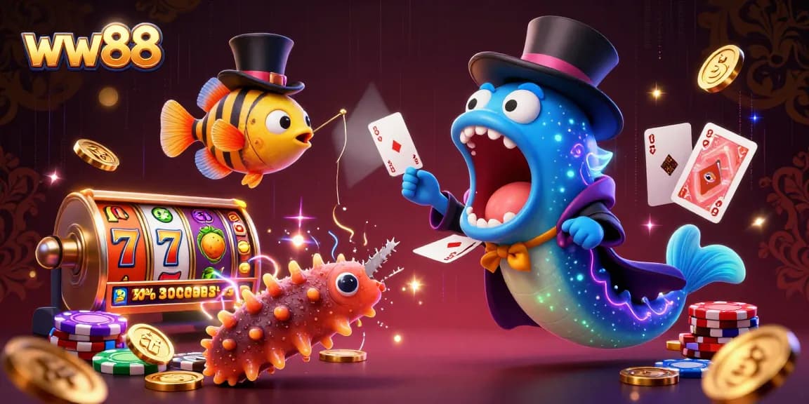 ww88 offers interactive gaming through a playful 3D illustration emphasizing slot machines and magical sea creatures.