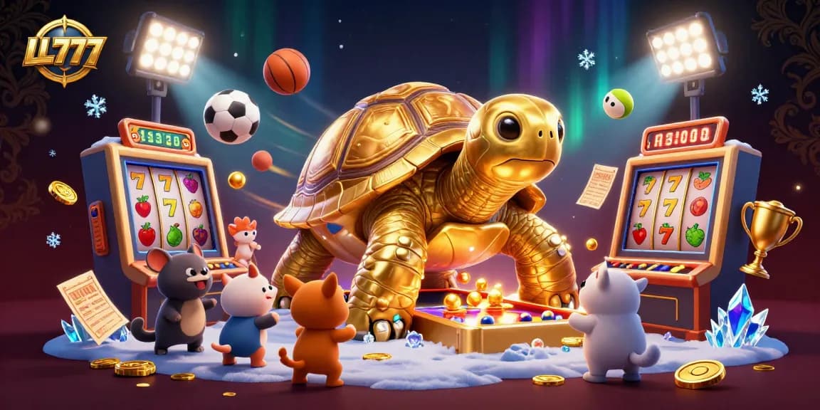 Engage with exciting LL777 slots at a vibrant gaming celebration with a golden tortoise pinball machine.