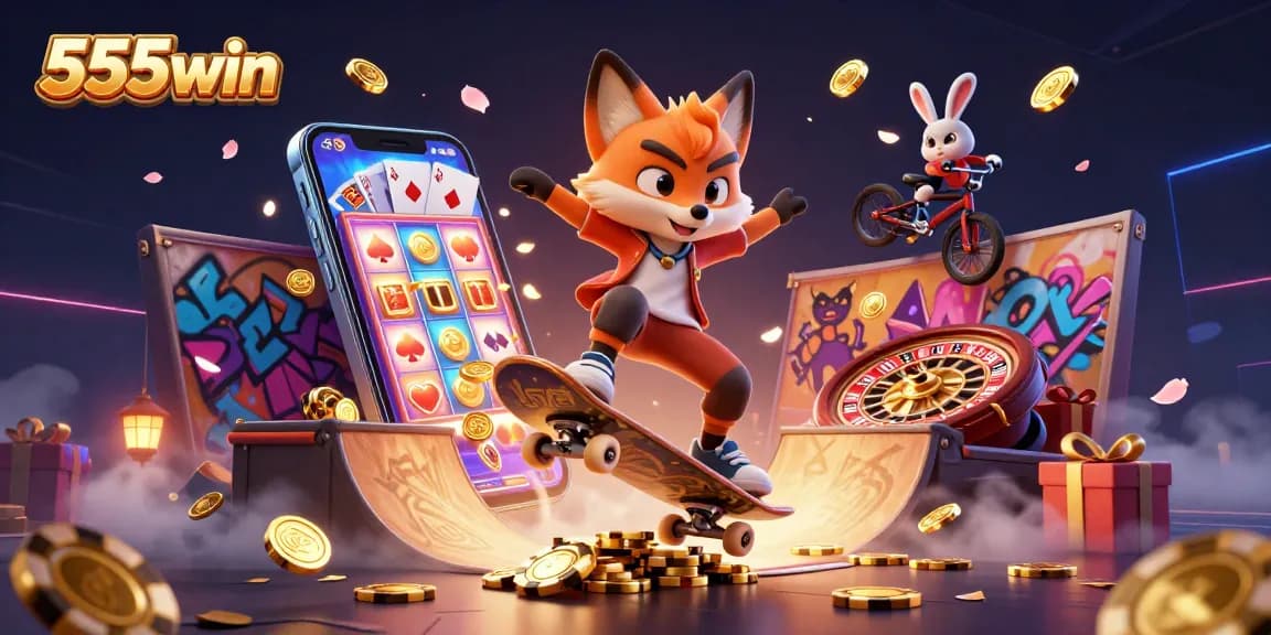 Engage in thrilling gameplay at 555win with vibrant slot games and dynamic casino elements surrounding animated characters.