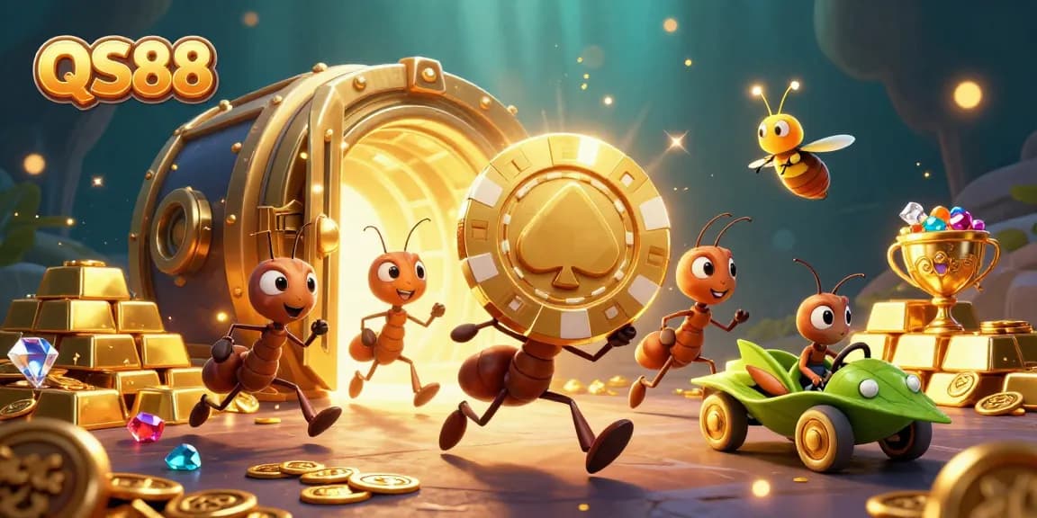 Experience the thrill of QS88 with 3D ants carrying a giant poker chip in a vibrant casino heist scene.