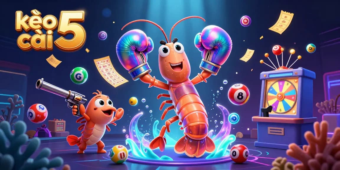 Kèo nhà cái 5 features a vibrant 3D cartoon scene with lottery balls and dynamic casino elements embodying excitement.