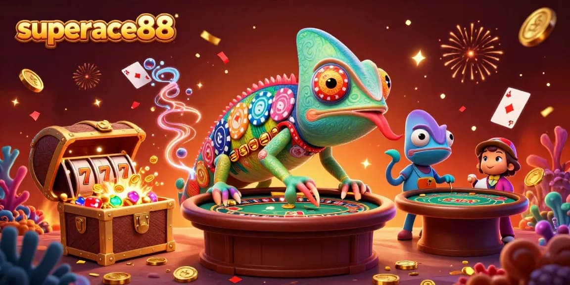 Engage with exciting games at superace88 with vibrant scenes of chameleon casino owner, gold coins, and thrilling slots!