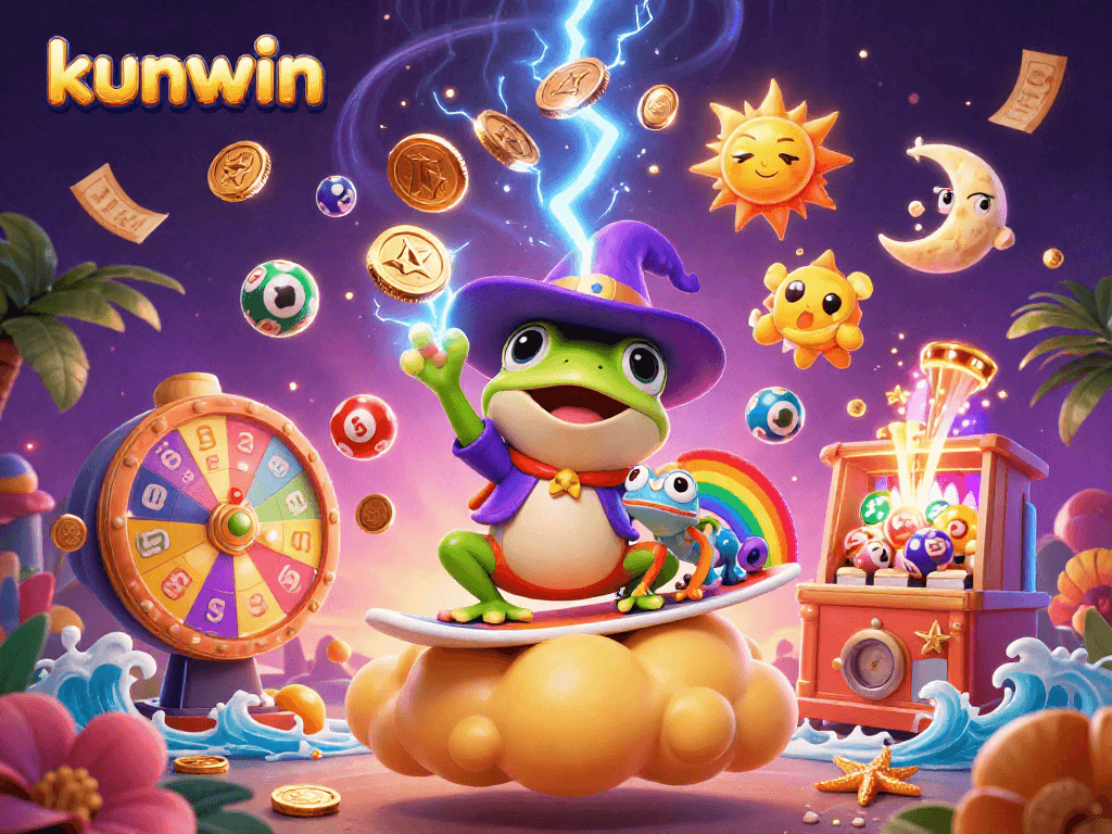Experience the thrill of winning with kunwin in an enchanted casino scene filled with gold coins and vibrant lottery elements.