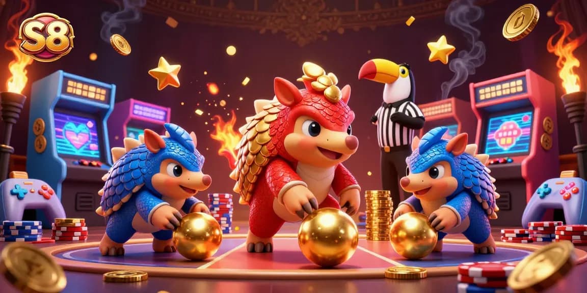 Engage in exciting gameplay at S8 with pangolins rolling poker chips in a vibrant casino.
