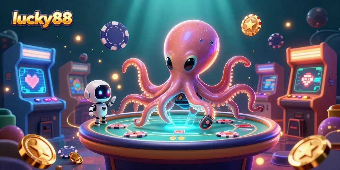 Experience the excitement of lucky88 with a cosmic octopus playing poker among vibrant game elements.