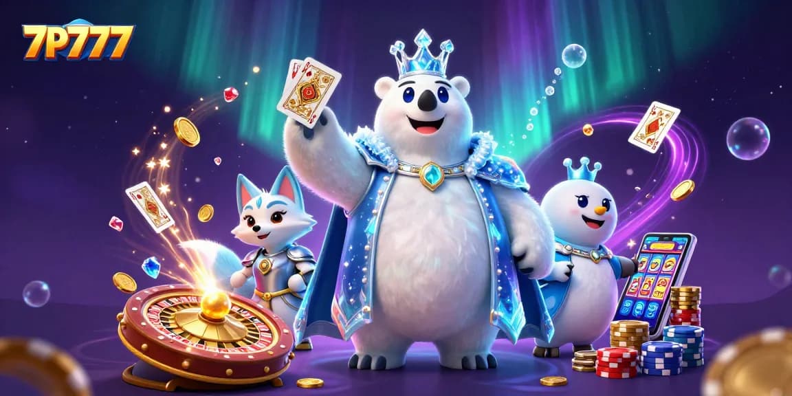Engage in thrilling gameplay with 7P777 featuring a majestic ice king and fox amidst shining casino treasures.