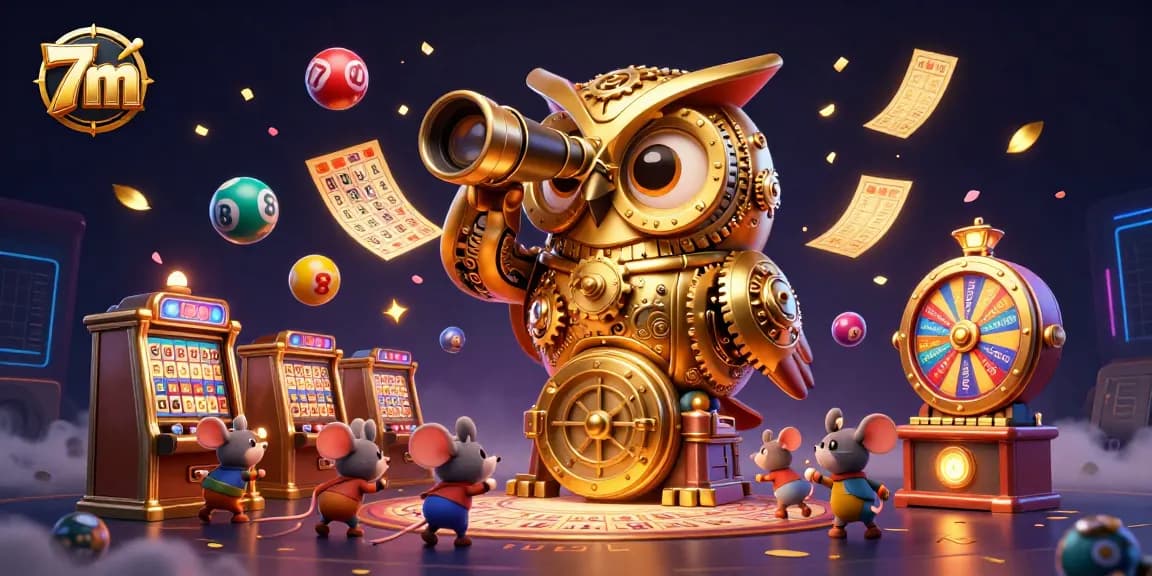 Engage in thrilling casino action with 7m as the golden owl oversees lively games and lottery activities.