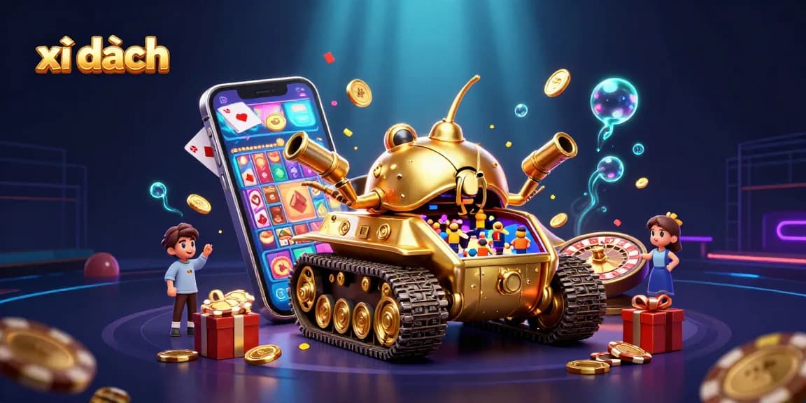 xì dách game action with golden beetle tank revealing a casino scene, showcasing high-energy gambling elements